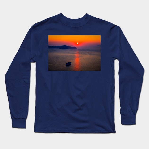 Santorini Cruise Ship, Red Sunset Long Sleeve T-Shirt by tommysphotos